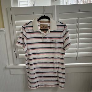 Hollister White Polo Shirt with orange, blue, and navy stripes